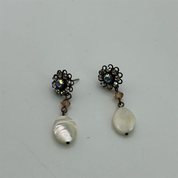 Vintage Floral Aurora Borealis Rhinestones Stud Dangle Pearl Drop Earrings - Picture 5 of 9